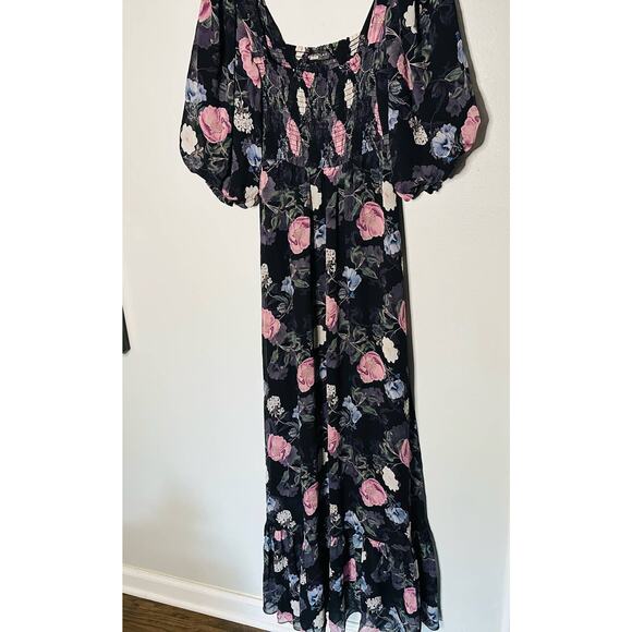 Nicholas Black Purple Floral 100% Silk Square Neckline A-Line Maxi Dress size 10 - Picture 4 of 14